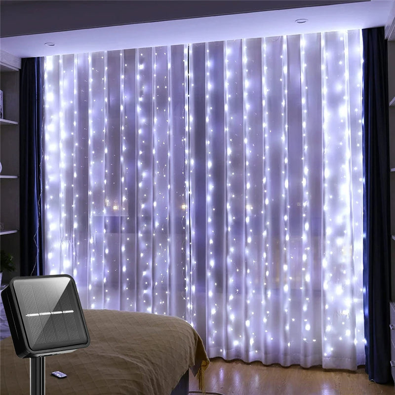 Solar-Powered LED Curtain String Lights