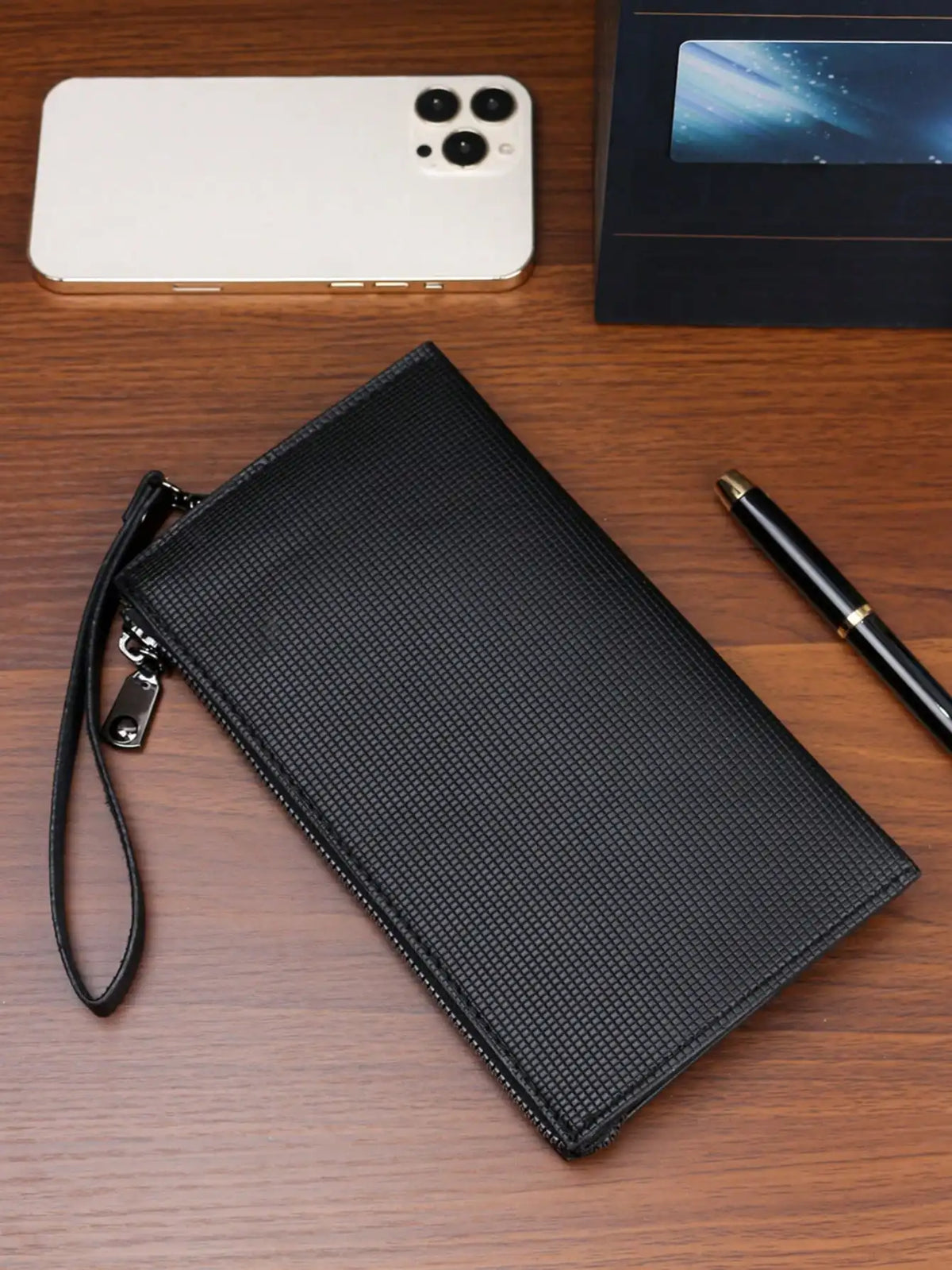 Elegant PU Leather Clutch with Dual Compartments and Wristlet Strap