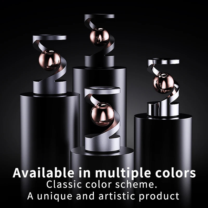 A set of sleek, metallic magnetic levitating spinning tops in various colors displayed against a black background.