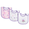 A set of three soft cotton baby bibs featuring various cartoon prints and purple trim.