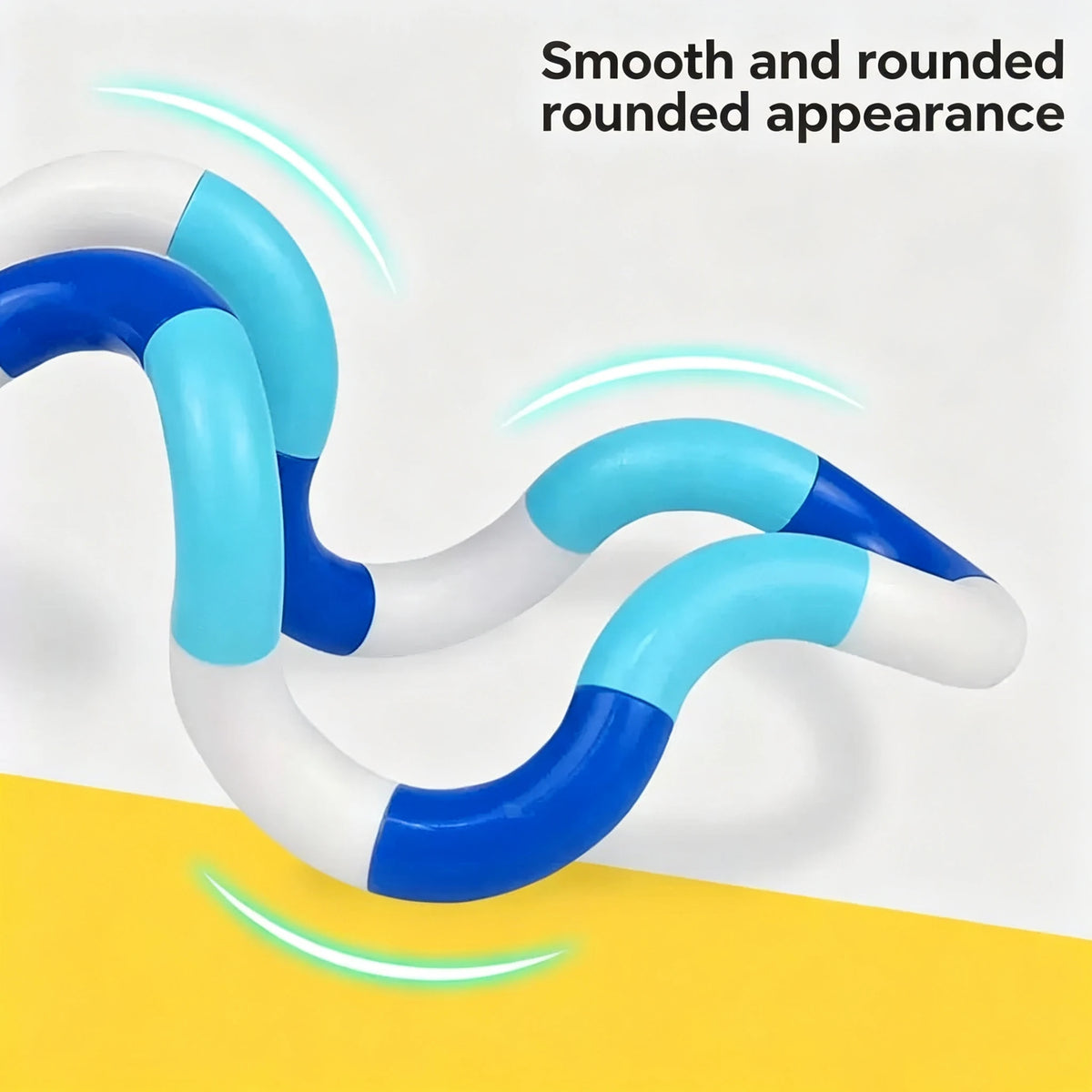 A white and blue twist and spin fidget toy is shown in a curved shape against a yellow background.