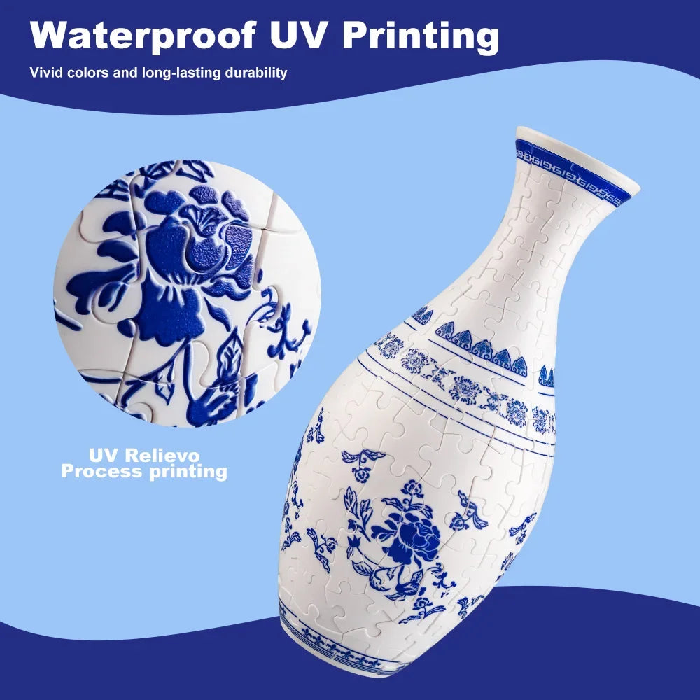 White ceramic vase with blue floral pattern and a puzzle texture, showcasing waterproof UV printing.