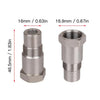 Two stainless steel oxygen sensor adapters shown with dimensions 16mm/0.63in and 16.9mm/0.67in.