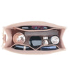 A light pink felt multi-pocket purse organizer insert showing various small accessories and compartments.
