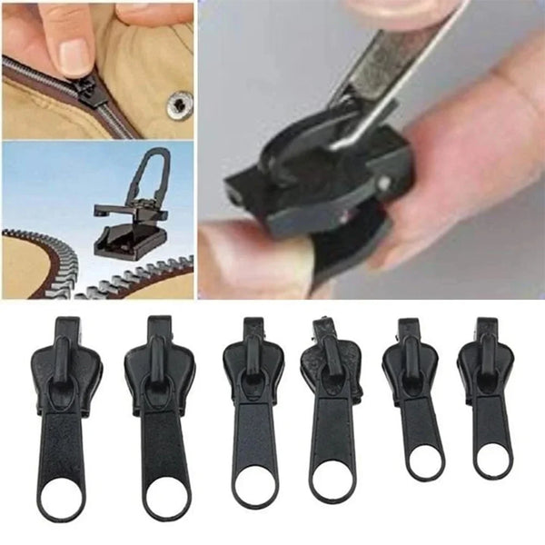 A set of black universal zipper repair kits with various slider sizes shown alongside a close-up of the tool.