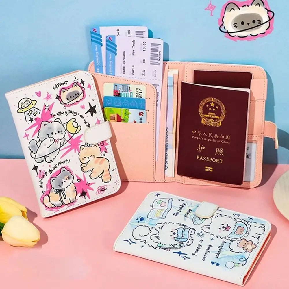 A pink and white cartoon themed leather passport holder and travel wallet with various documents and accessories.
