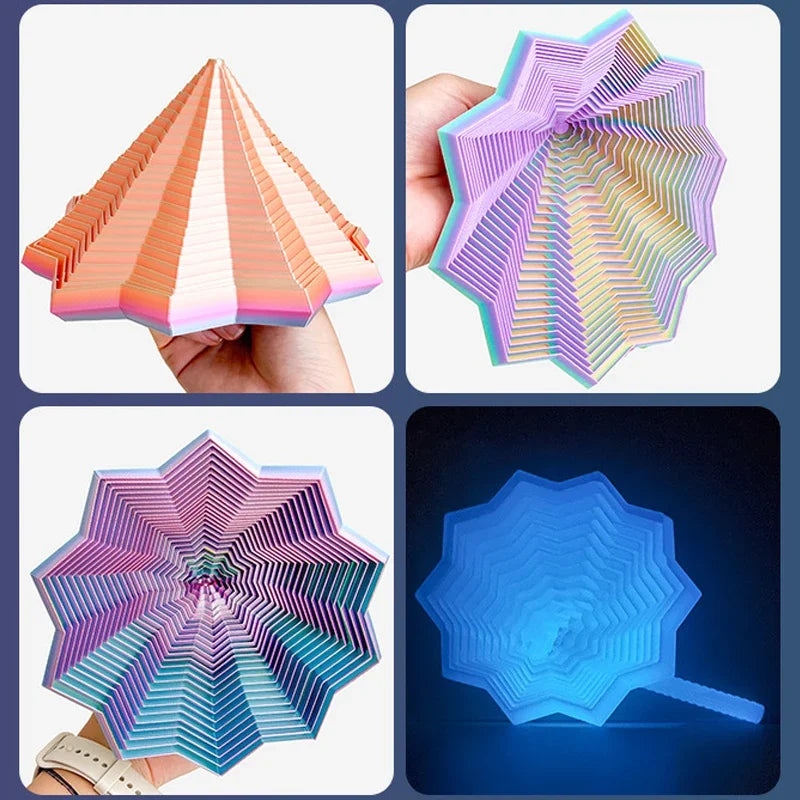 A colorful 3D illusion fidget star toy shown from multiple angles, demonstrating a swirling spiral design.