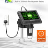 A black LCD digital microscope with an attached rechargeable battery and a light source, shown on a white base.