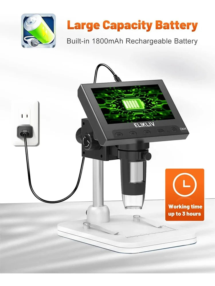 A black LCD digital microscope with an attached rechargeable battery and a light source, shown on a white base.