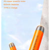 An orange electric screwdriver with a silver battery is shown against a light blue sky background.
