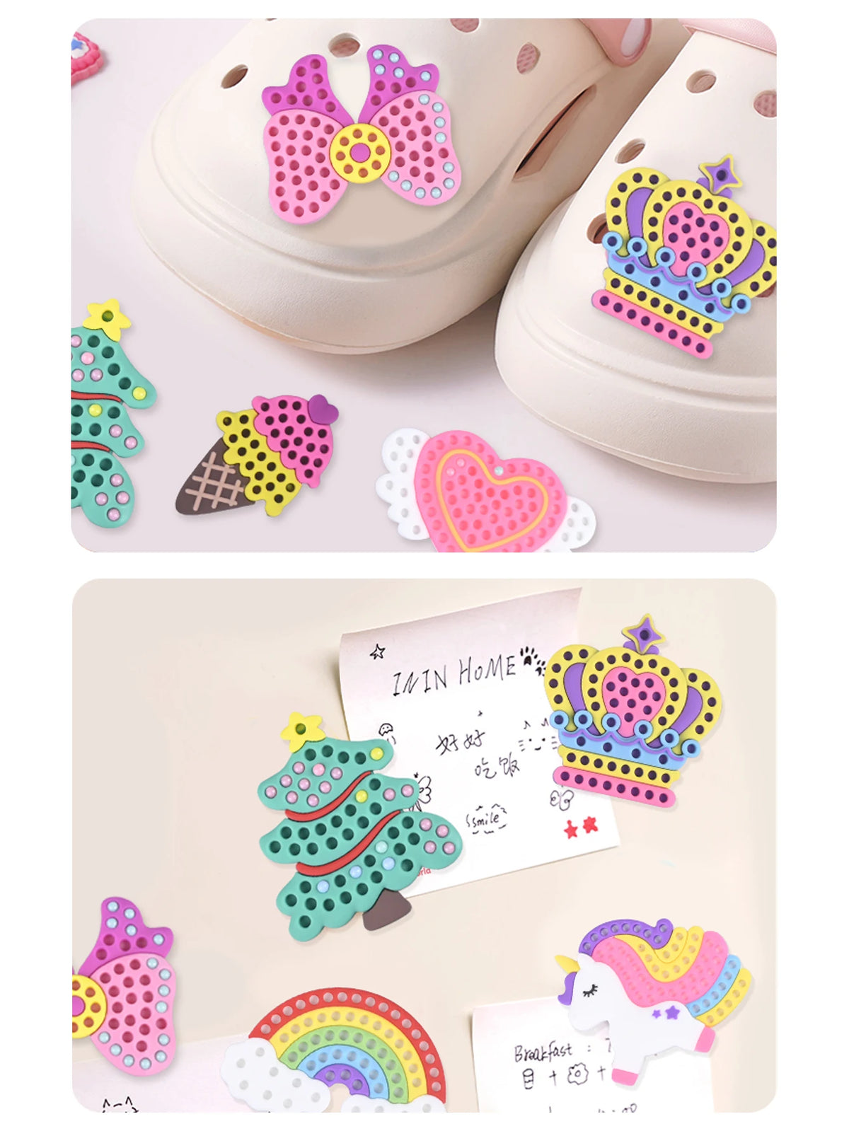 A DIY beaded pen craft kit featuring princess and rainbow designs on a light pink and white silicone mold.