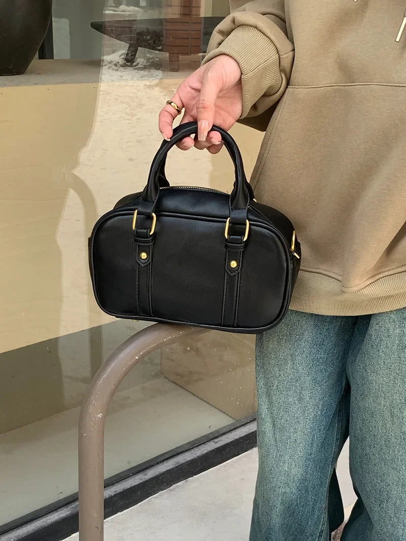 Vintage PU Leather Crossbody Shoulder Bag – Solid Color Retro Handbag