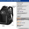 A black laptop backpack shown from the front, displaying detailed dimensions and features.