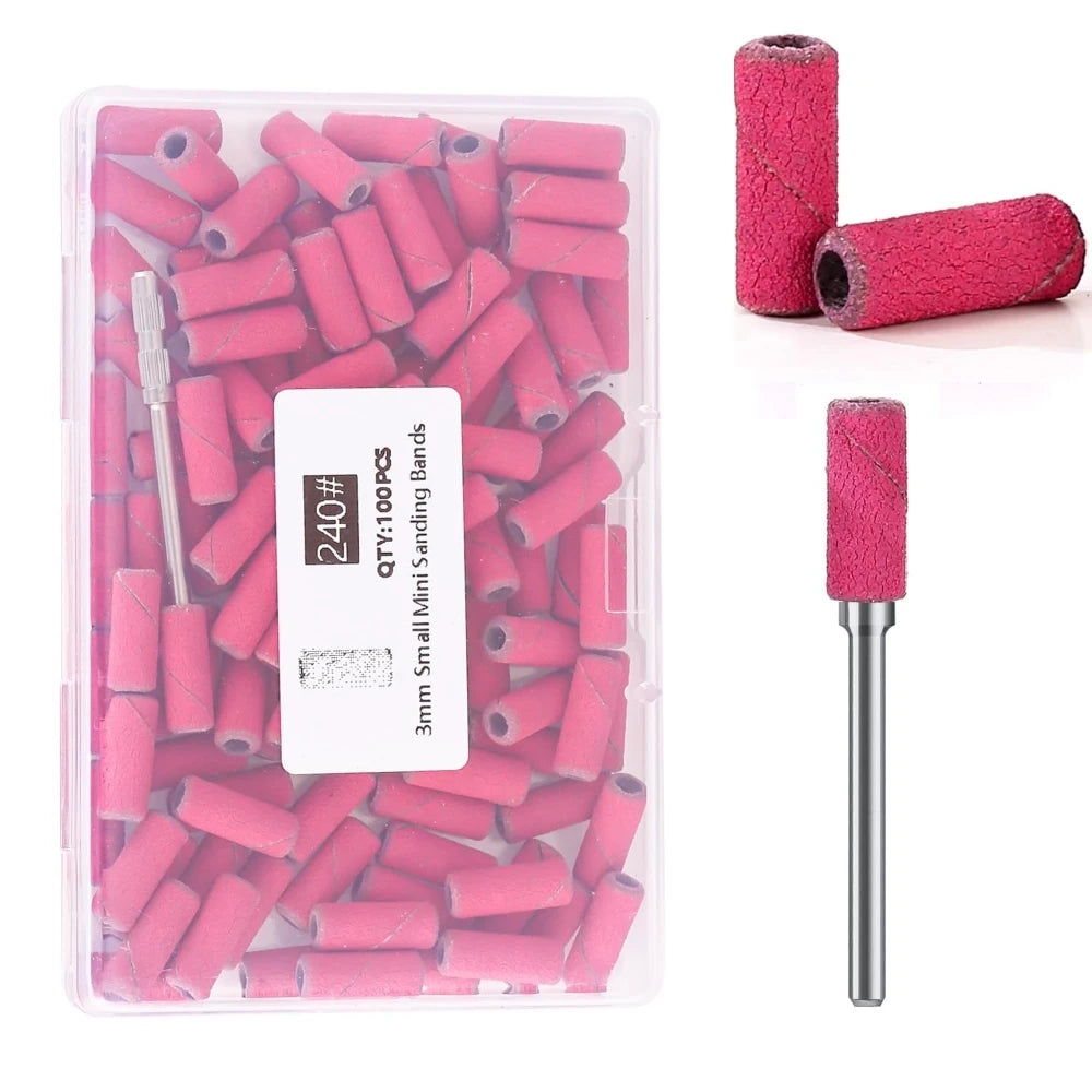 Klarer Plastikbehälter gefüllt mit rosa Mini-Schaft- und Boherschneidern, inklusive separatem Tube rosa Schleifmaterial