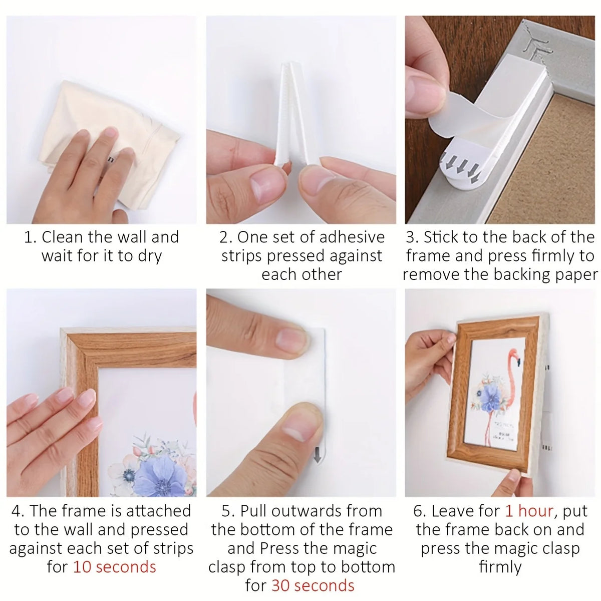 Step-by-step instructions showing how to attach a picture frame to a wall using removable adhesive strips.