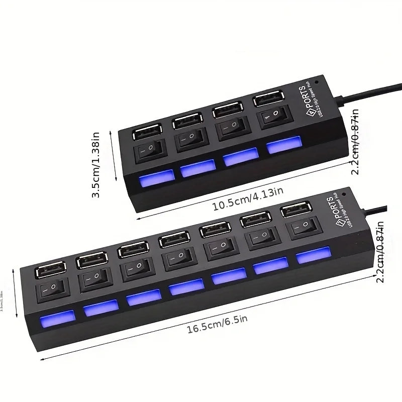 A black USB 2.0 multi-port hub with LED switches is shown, displaying its dimensions.