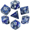 A collection of seven blue polyhedral dice showing various numbers and angles.