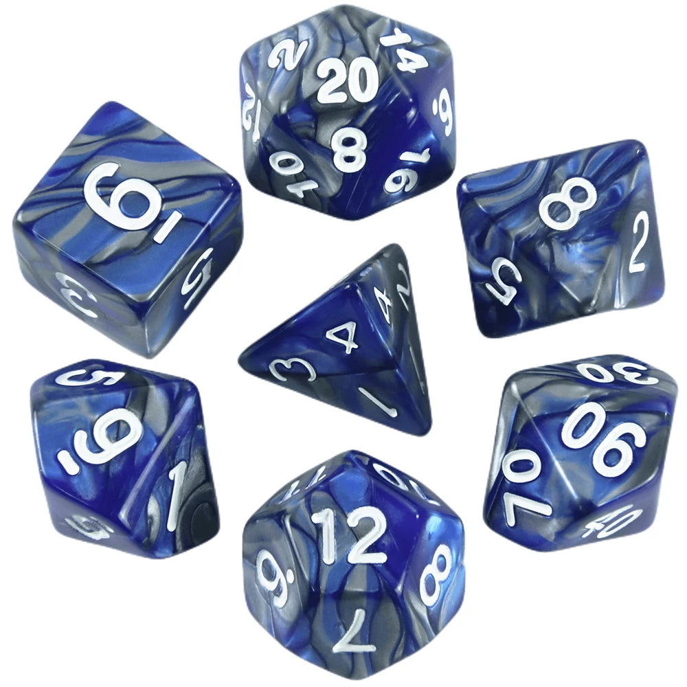 A collection of seven blue polyhedral dice showing various numbers and angles.