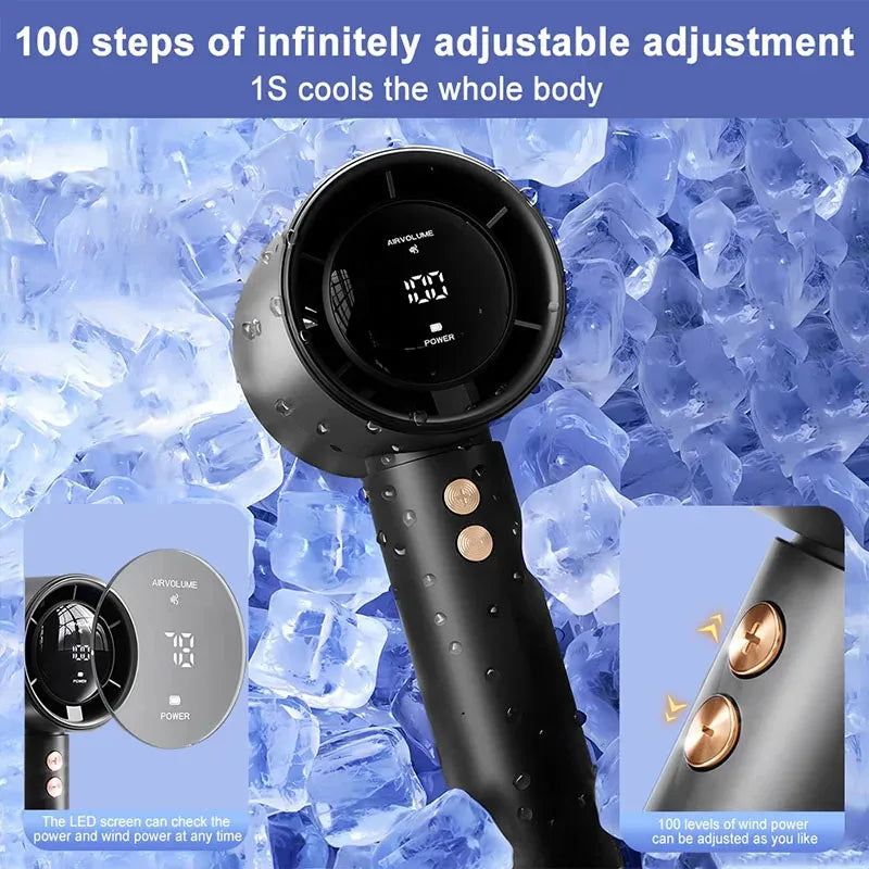 A black portable handheld fan with a round LED screen is shown against a background of ice cubes.