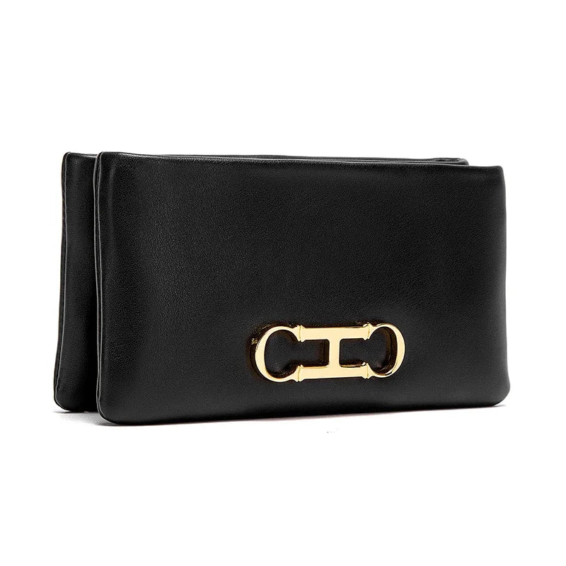 Black leather compact zipper wallet and clutch with gold hardware