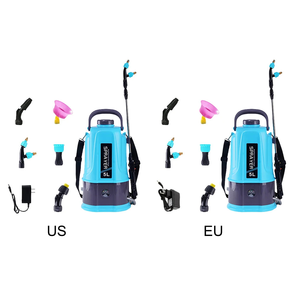 A set of 5L rechargeable electric backpack sprayers shown in US and EU versions with various nozzles.