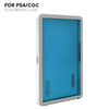 A rectangular protective display case for trading cards with a bright blue color and a silver frame.