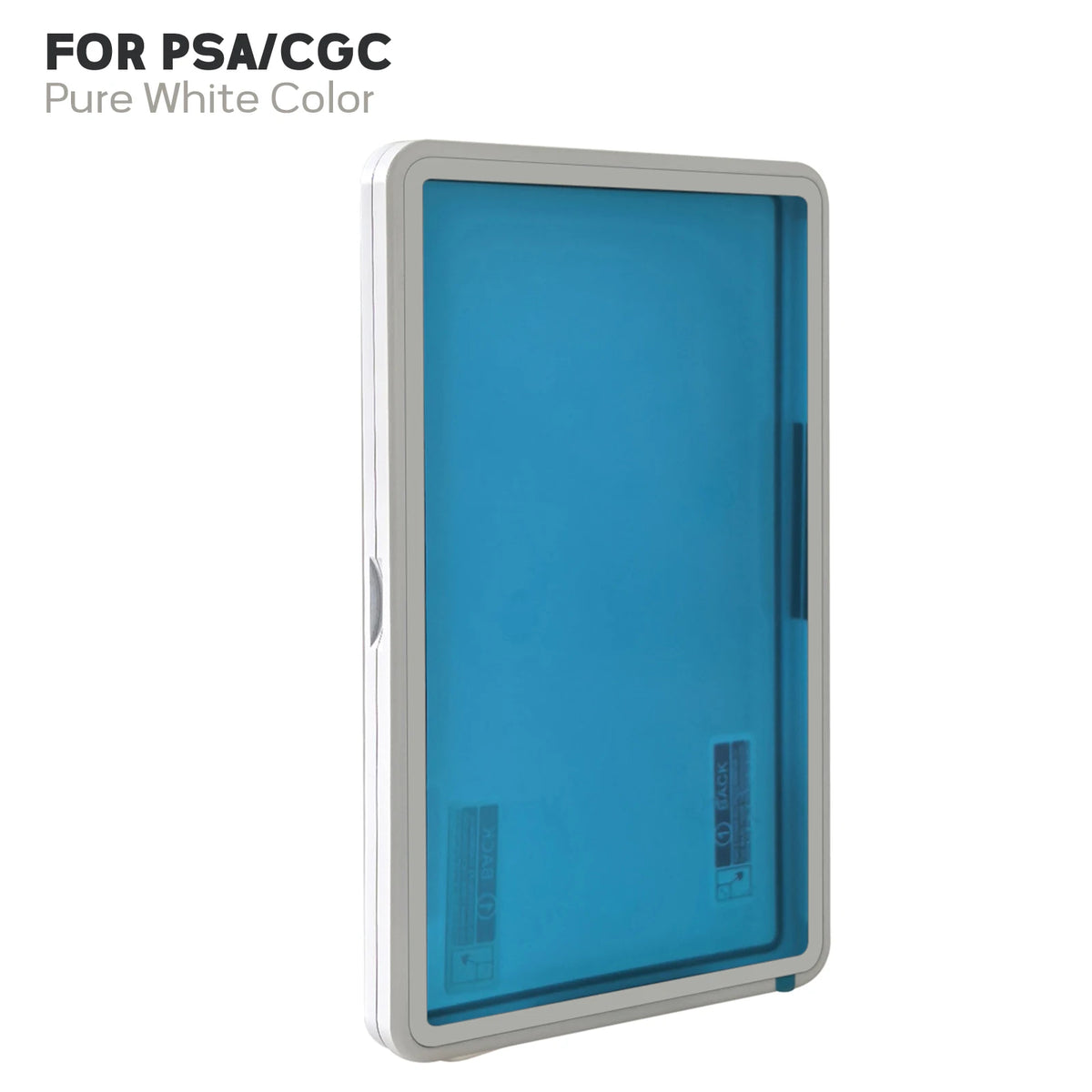 A rectangular protective display case for trading cards with a bright blue color and a silver frame.