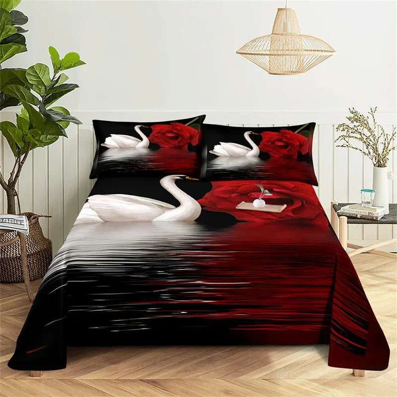 A bedding set featuring a digital print of red roses and white swans on a black background.