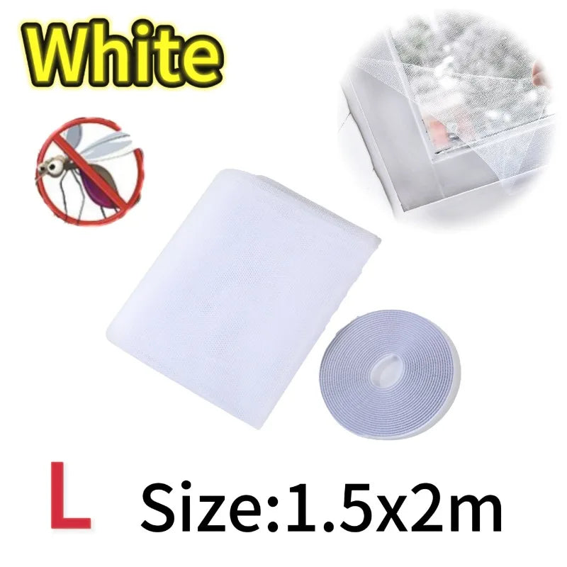 White self-adhesive invisible mosquito screen for windows shown with a roll and a cut piece.