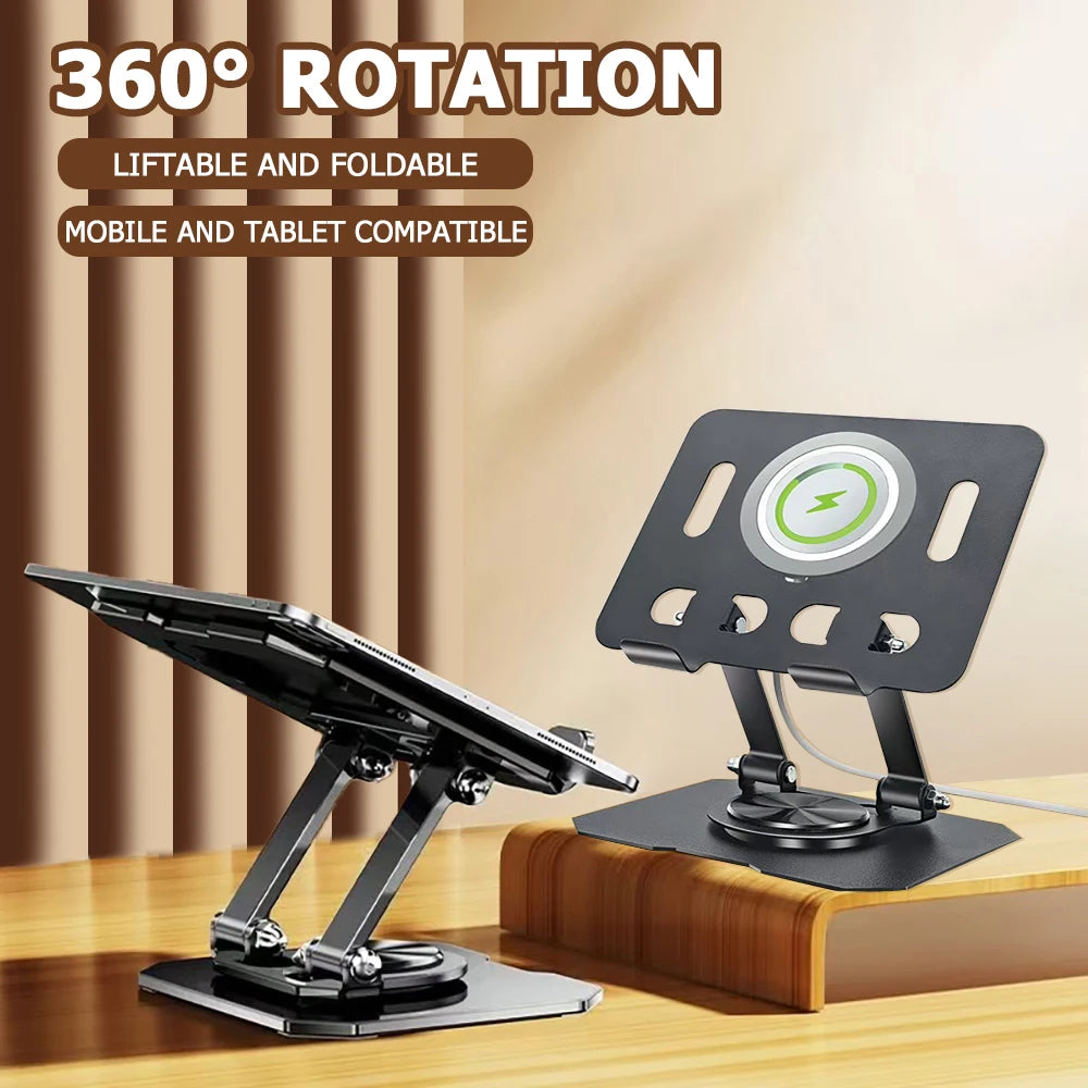 A black adjustable tablet stand with a rotating base is shown on a wooden surface.