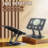 A black adjustable tablet stand with a rotating base is shown on a wooden surface.
