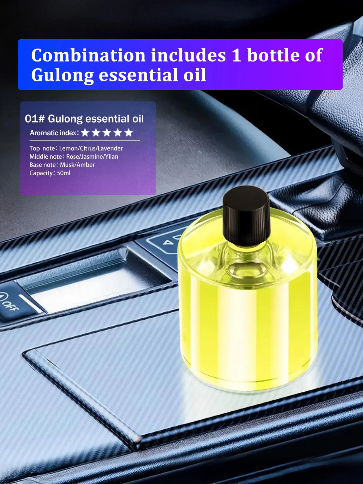 Une bouteille jaune d'huile essentielle de Gulong sur une surface sombre de voiture.