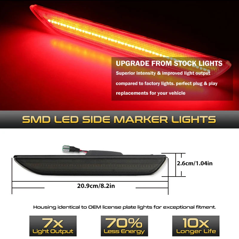 Bright red SMD LED side marker lights for vehicles, showing upgrade benefits and dimensions.