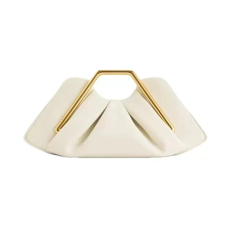 A beige soft PU leather crossbody bag with a gold-toned metal handle.