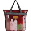 A mesh hanging toiletry bag in red and gray with various toiletries inside.