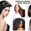 Black satin sleep bonnet shown on a model, demonstrating its use for various hairstyles like long hair and braids.