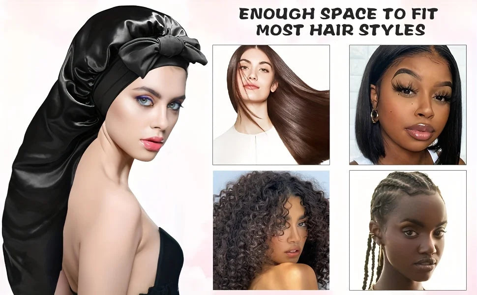 Black satin sleep bonnet shown on a model, demonstrating its use for various hairstyles like long hair and braids.