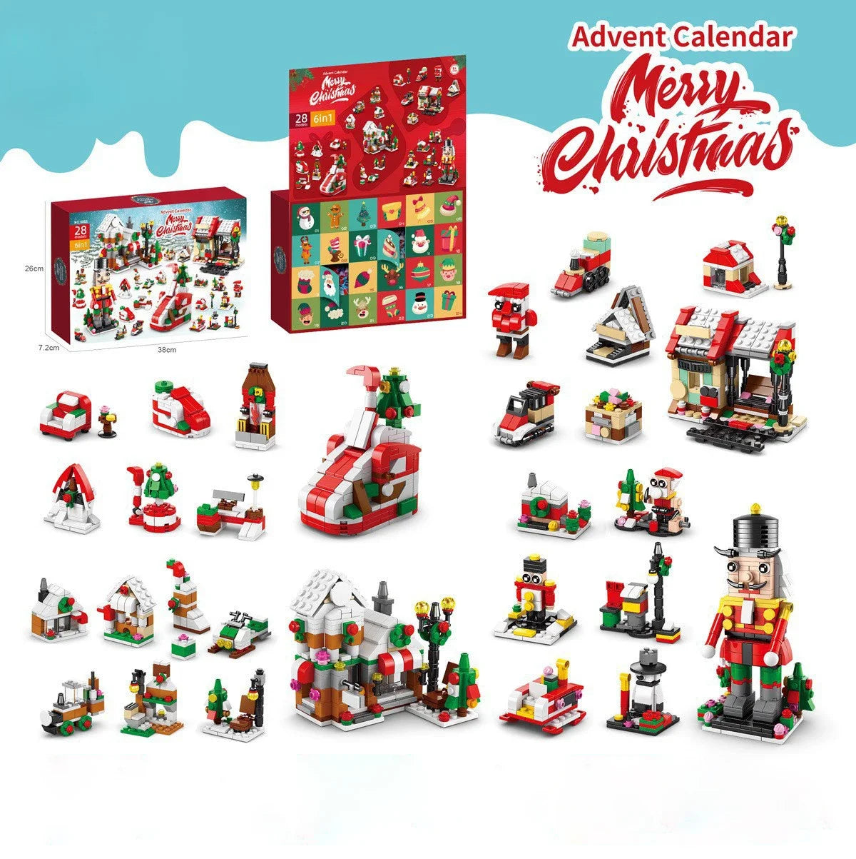 A set of Christmas themed building blocks and miniature scenes for an advent calendar.