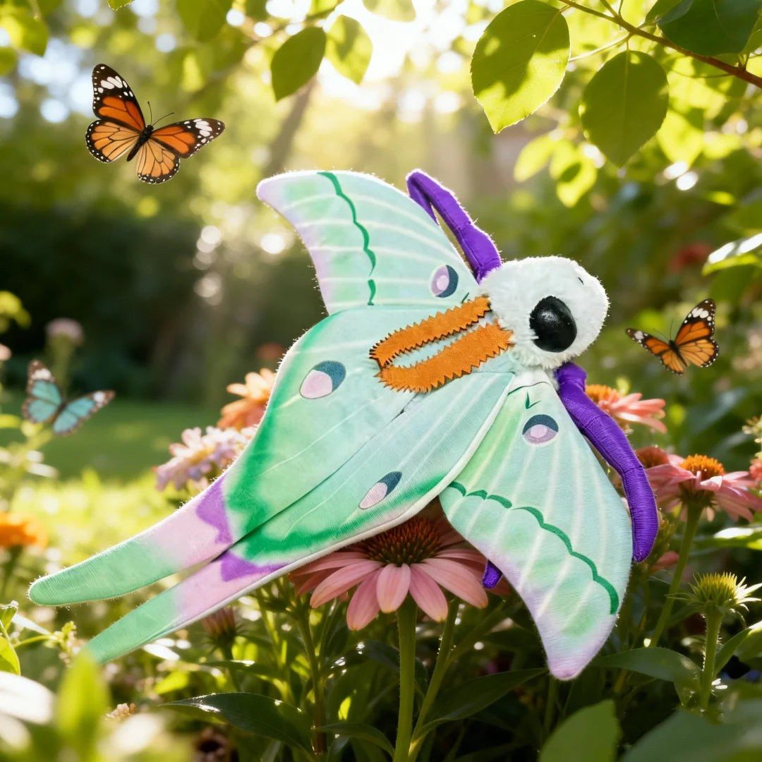 A plush toy resembling a Luna moth with green and purple wings sitting among flowers in natural sunlight.
