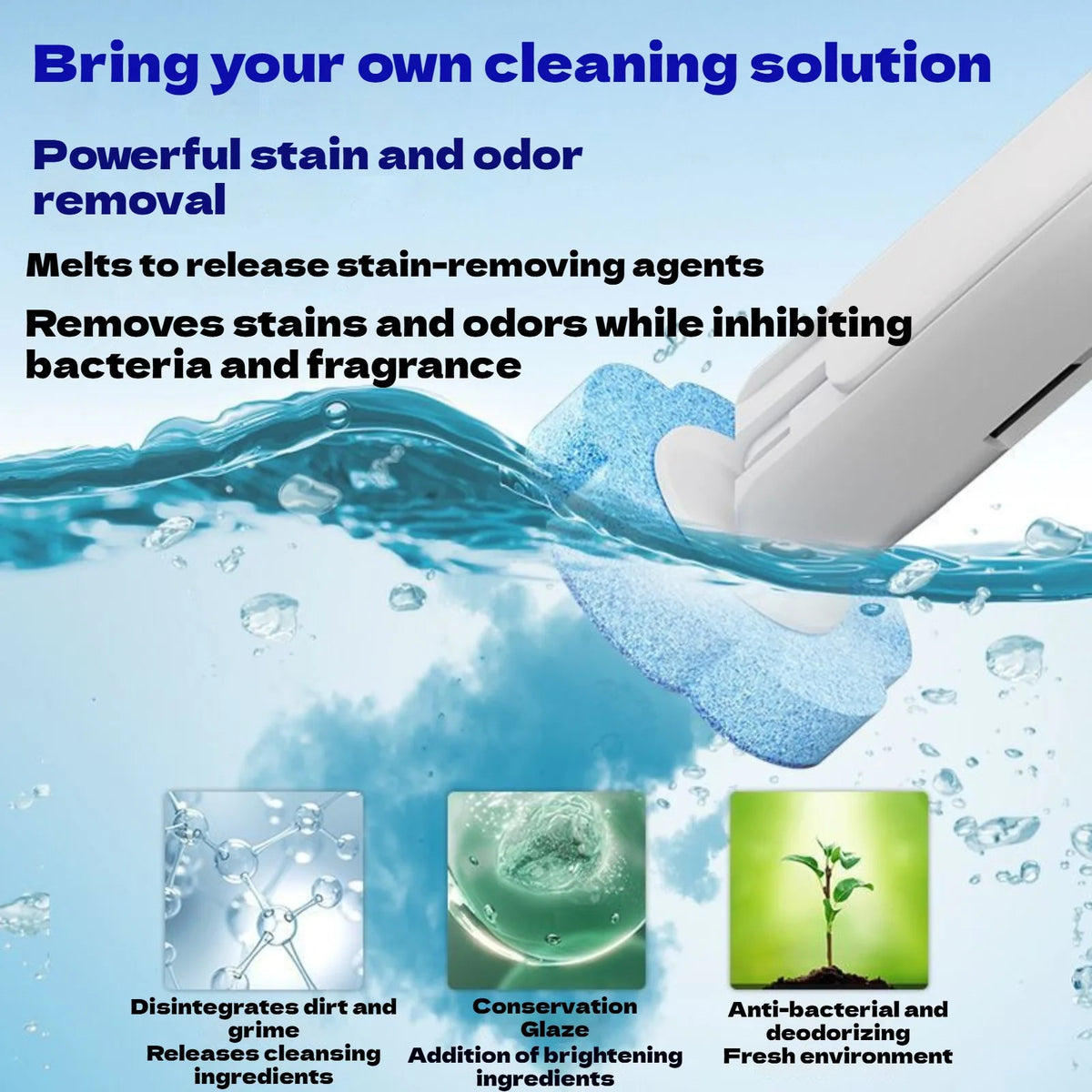 A white wall-mounted disposable toilet brush set with a blue cleaning solution and water splash.