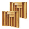 A wooden expandable drawer organizer made of bamboo with multiple compartments.