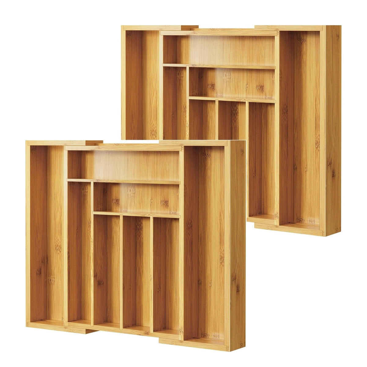 A wooden expandable drawer organizer made of bamboo with multiple compartments.
