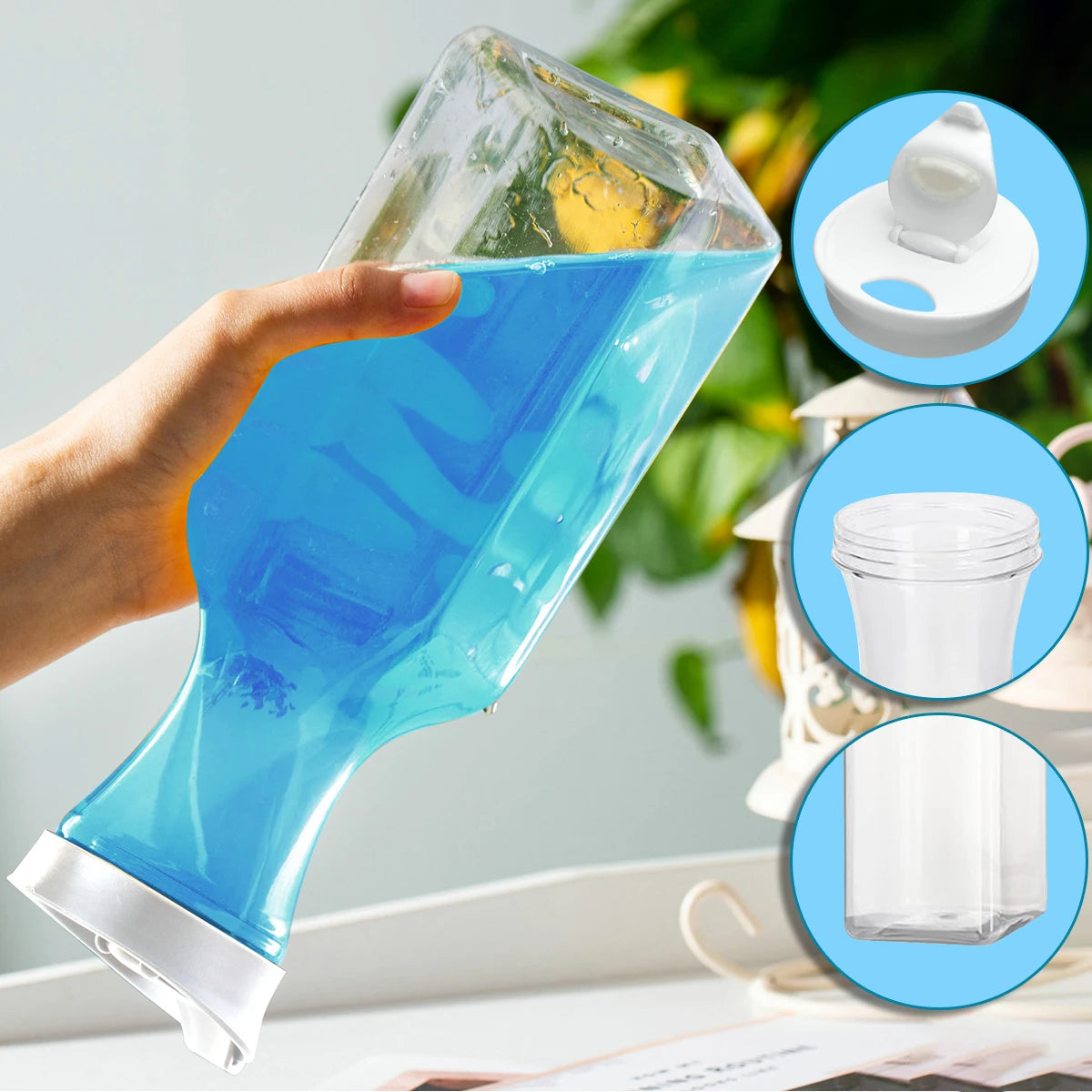 A hand pours blue liquid from a clear dispenser bottle into a measuring cup, with inset images showing the refillable bottles