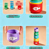 A set of colorful plastic cups and a stacking toy demonstrating addition and subtraction concepts for toddlers.