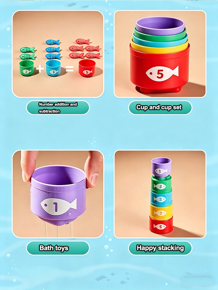 A set of colorful plastic cups and a stacking toy demonstrating addition and subtraction concepts for toddlers.