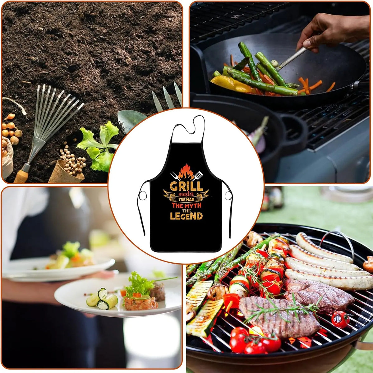A funny BBQ grill master apron for men shown in various contexts, including cooking and grilling.