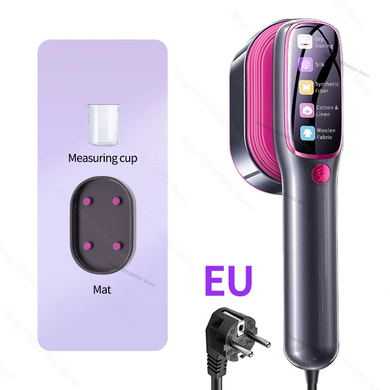 A handheld portable steam iron with a purple body and pink heating elements is shown next to its measuring cup and mat.