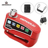A red motorcycle disc brake lock featuring a silver cylinder, alarm, and security features.