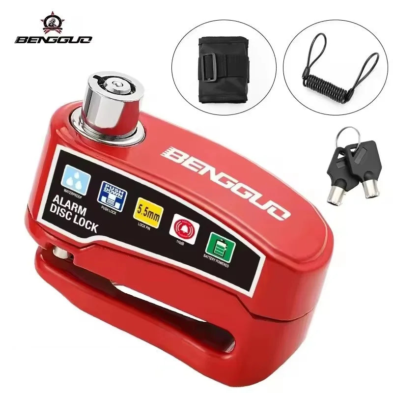 A red motorcycle disc brake lock featuring a silver cylinder, alarm, and security features.