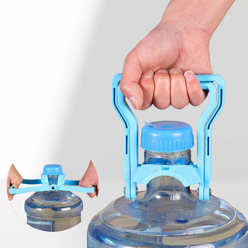 A hand is holding the handle of a blue ergonomic water bucket and bottle carrier designed for easy transport.